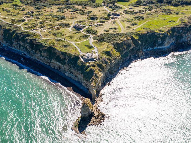 Pointe du Hoc from above: The craters in the landscape, caused by the bombing, are clearly visible