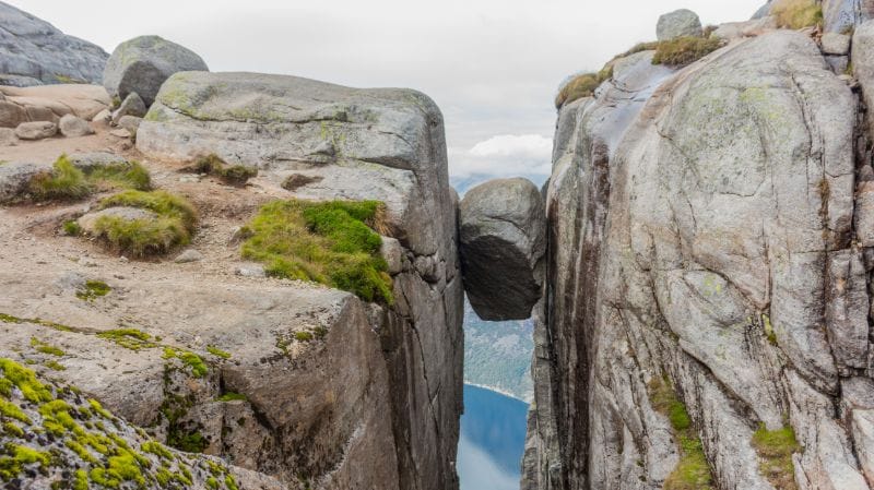 The Kjeragbolten, a boulder wedged between two steep cliffs.