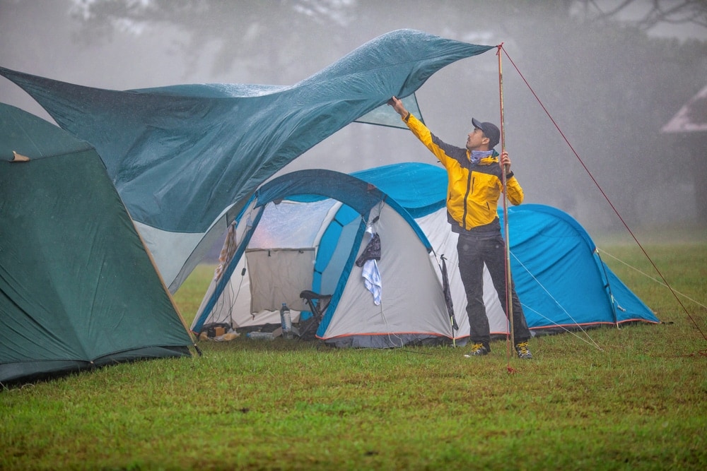 a tent in hard wind and rain