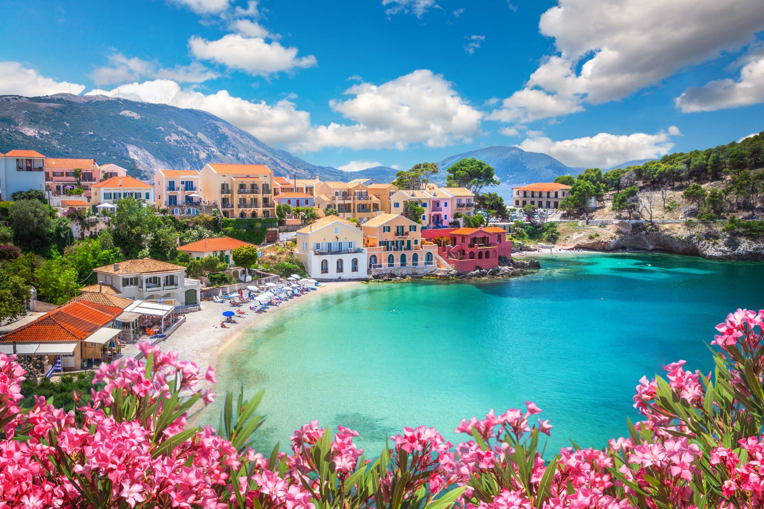 Colourful houses in a bay on the Greek island of Kefalonia